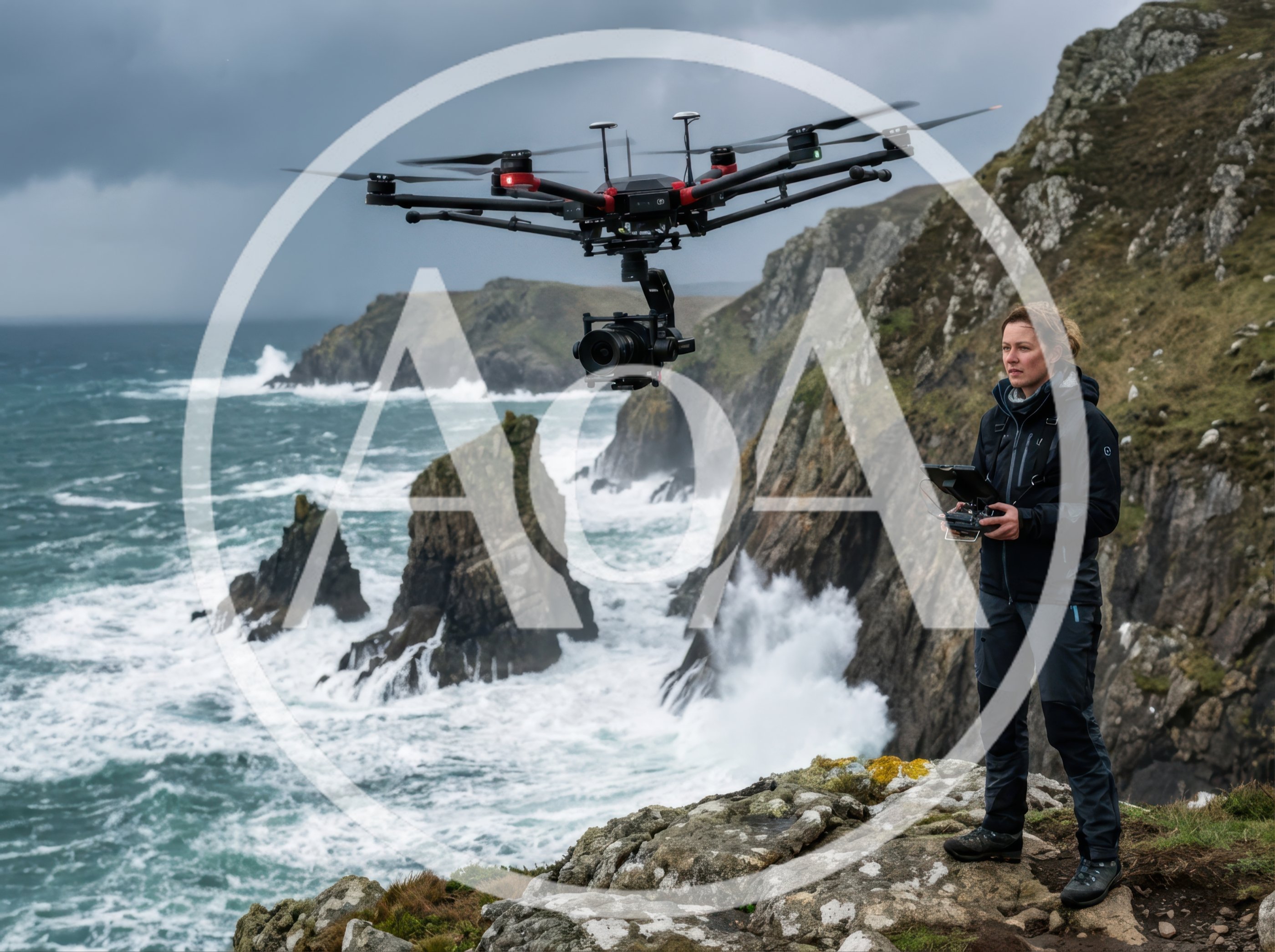 Female Drone Pilot Operating Professional UAV Over Coastal Cliffs