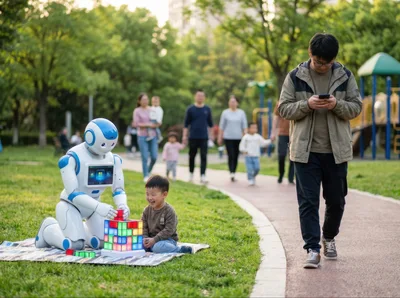 Humanoid Robot Playing With Child In Public Park