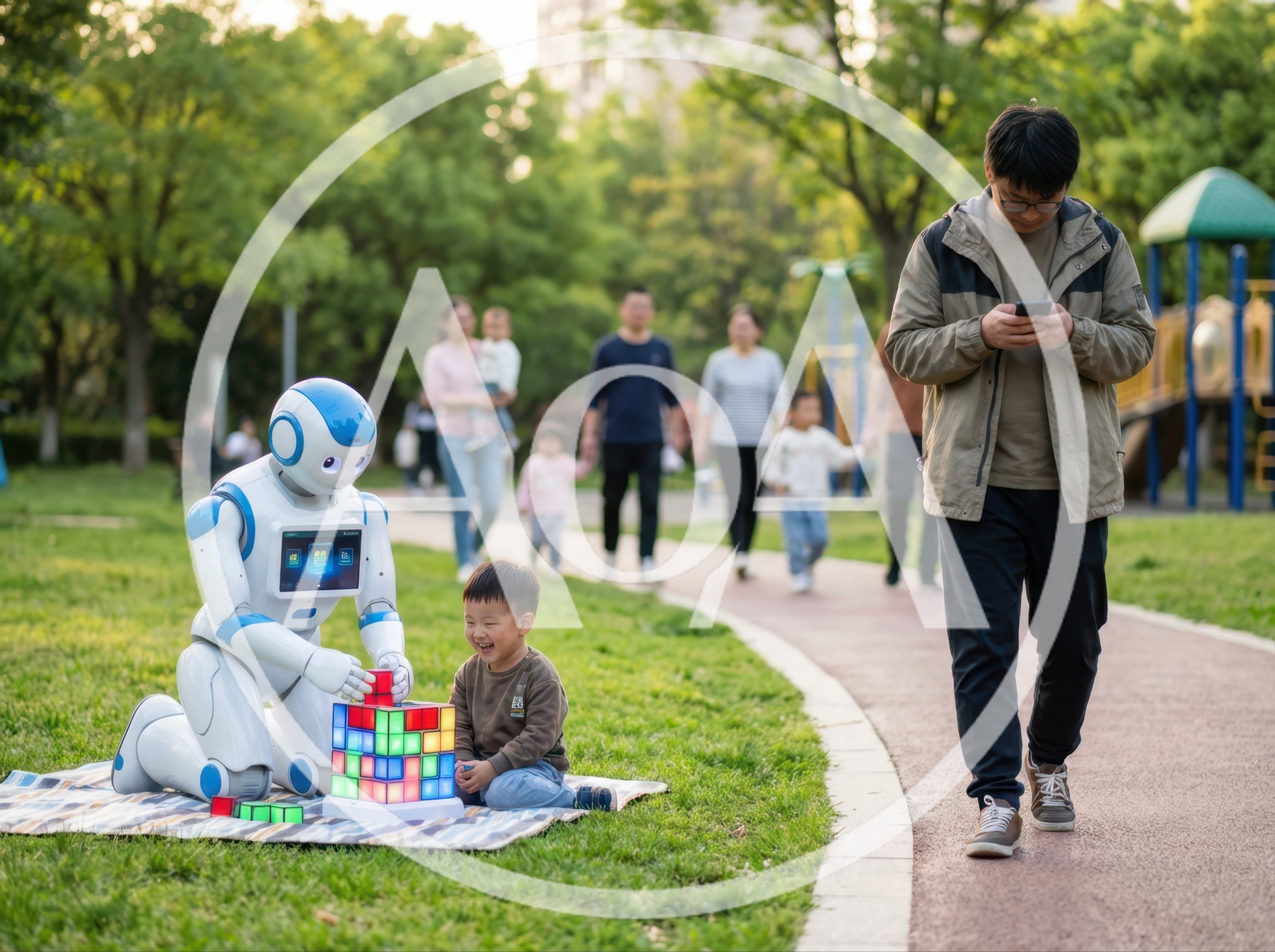 Humanoid Robot Playing With Child In Public Park