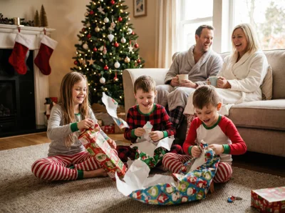 Family Opening Christmas Presents Together In Living Room
