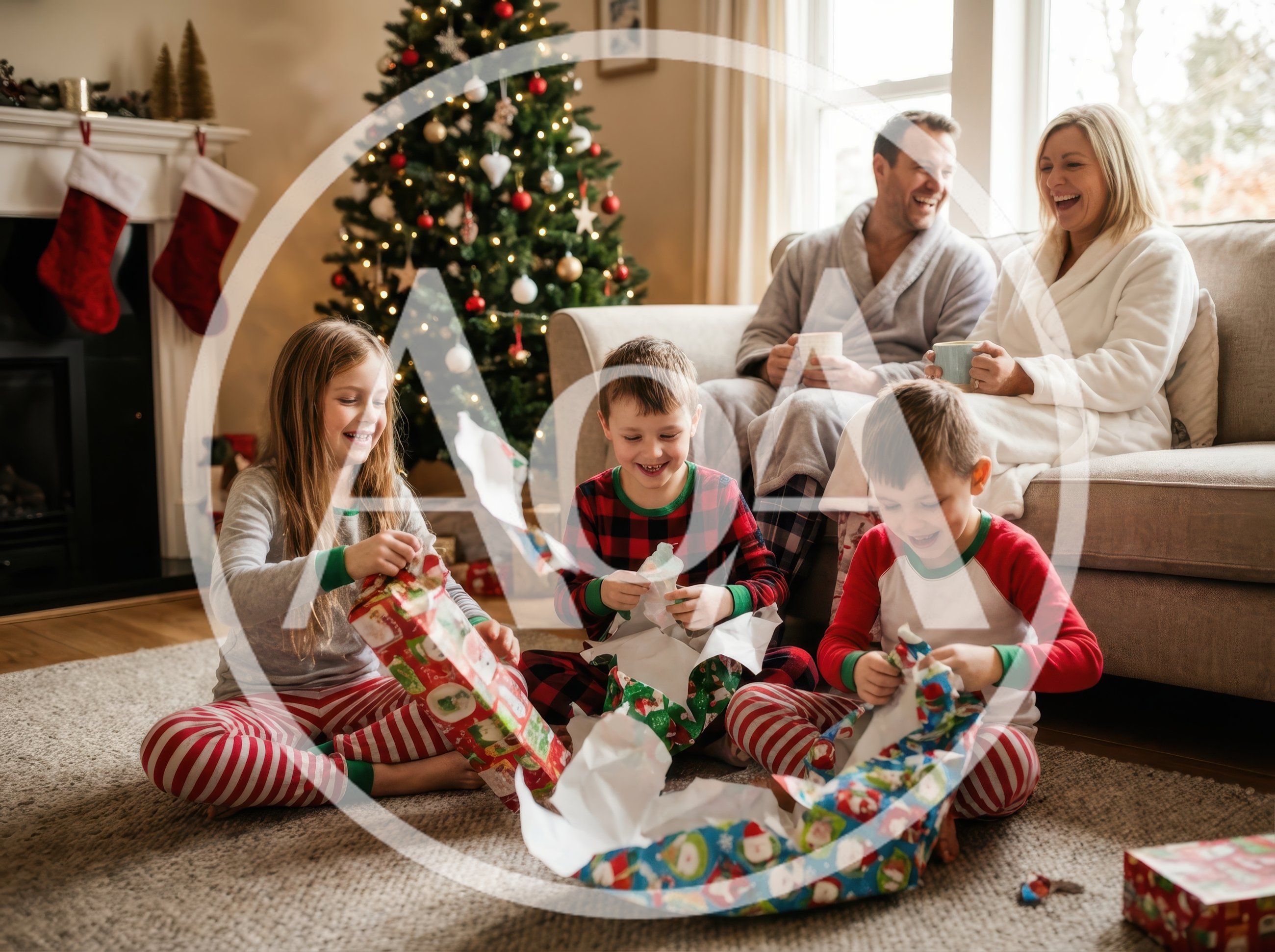 Family Opening Christmas Presents Together In Living Room