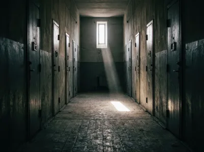 Dimly Lit Prison Hallway With Sunlight Beam
