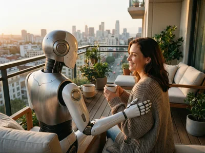 Human Woman And Humanoid Robot Having Coffee On Balcony