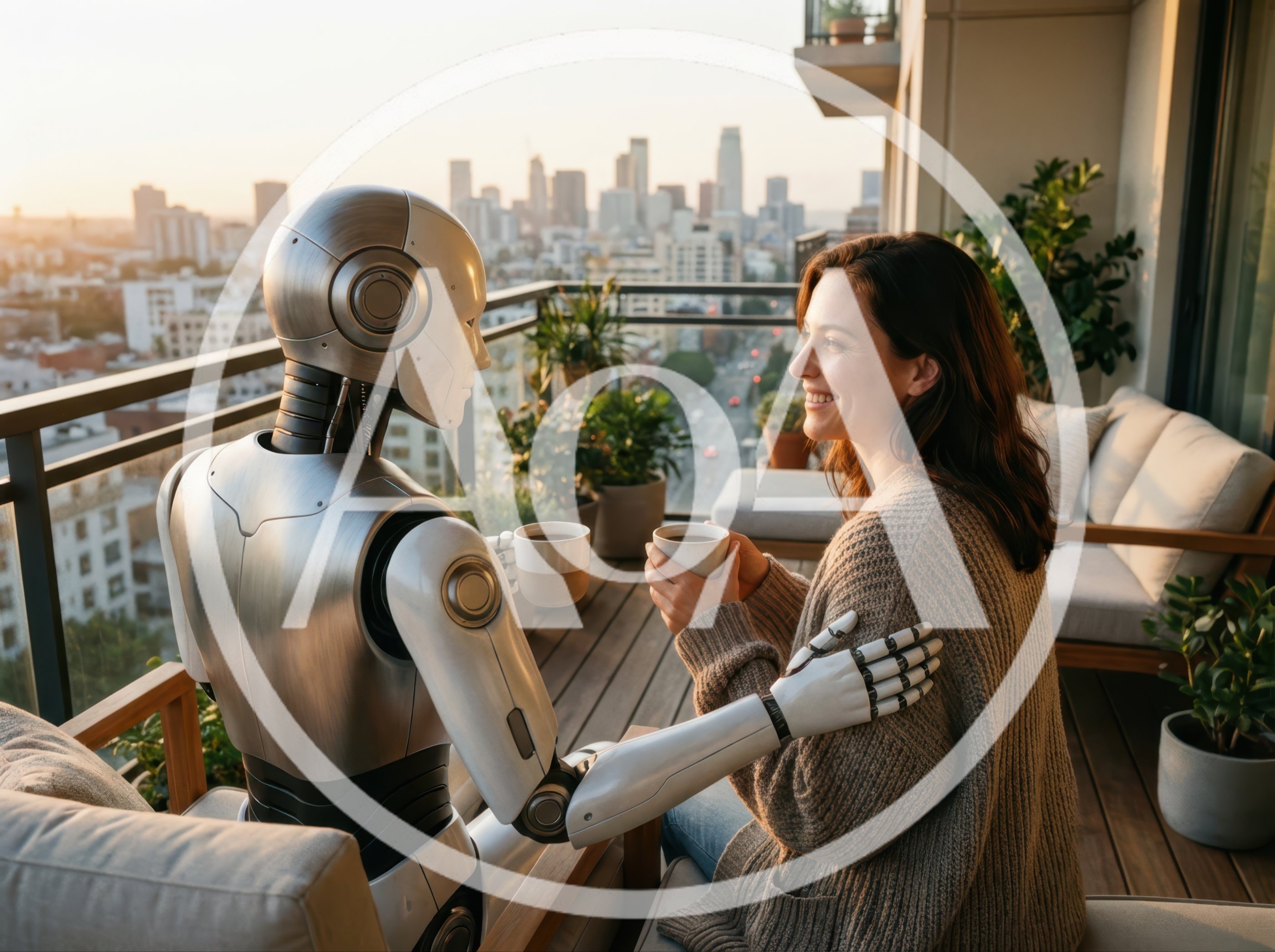 Human Woman And Humanoid Robot Having Coffee On Balcony