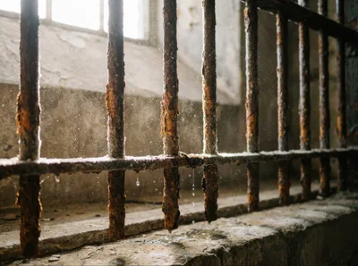Rusty Prison Bars With Water Droplets In Sunlight