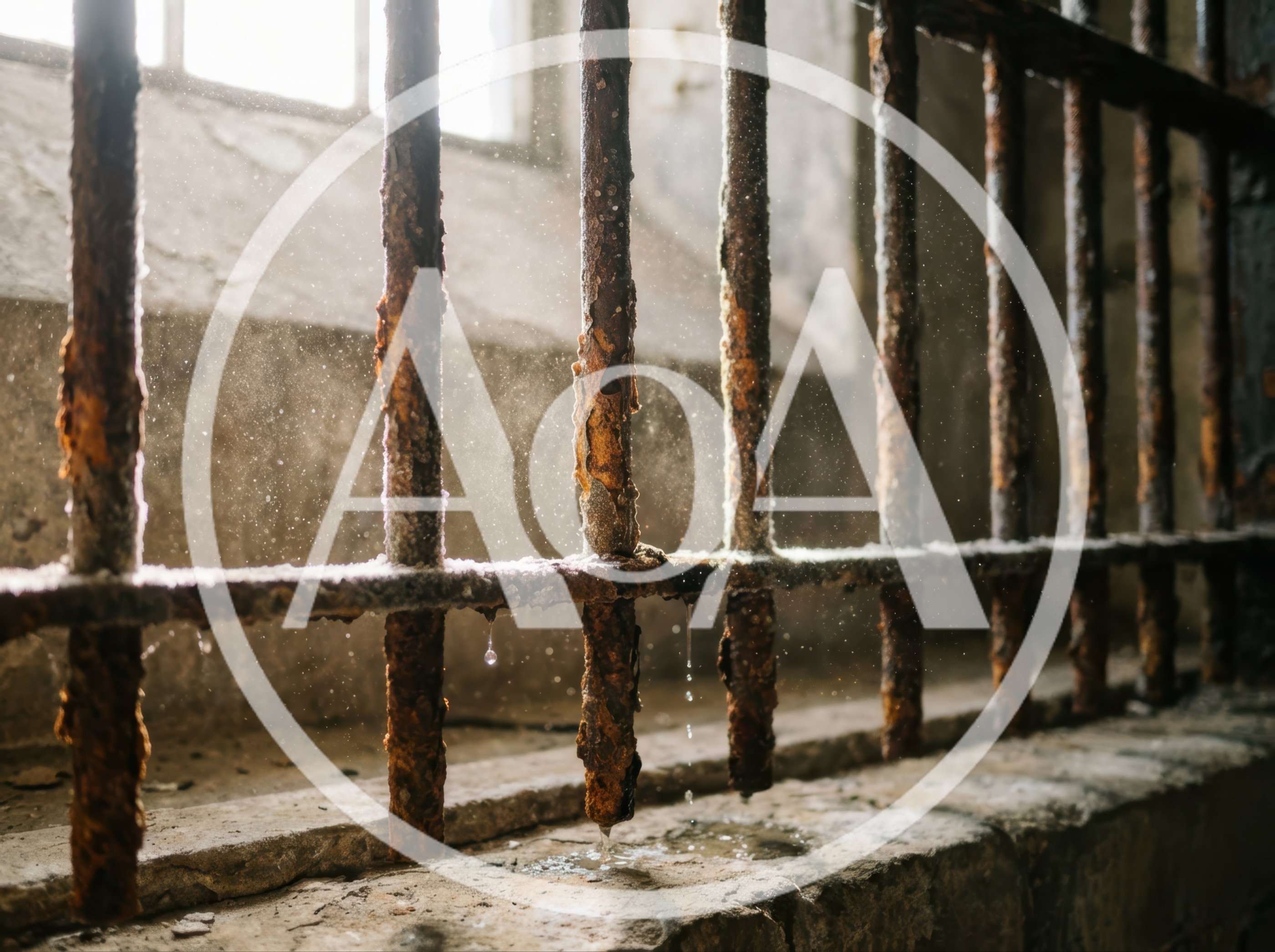 Rusty Prison Bars With Water Droplets In Sunlight