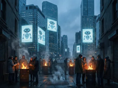 Homeless People Warming Hands Around Street Barrel Fires
