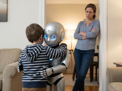 Young Boy Hugging A Humanoid Robot At Home