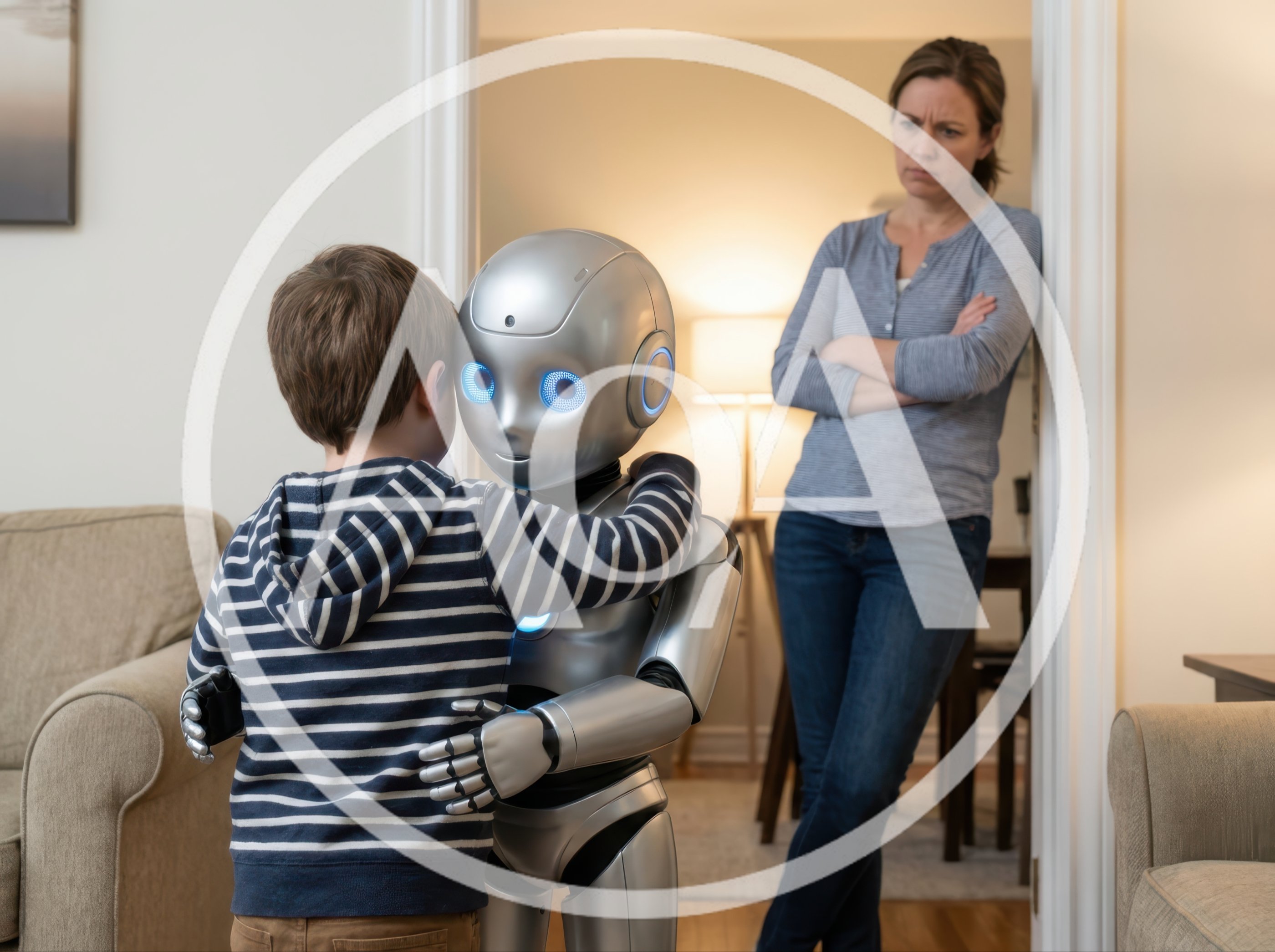 Young Boy Hugging A Humanoid Robot At Home