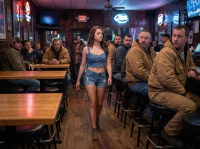Young Woman Walking Through A Crowded Rural Bar