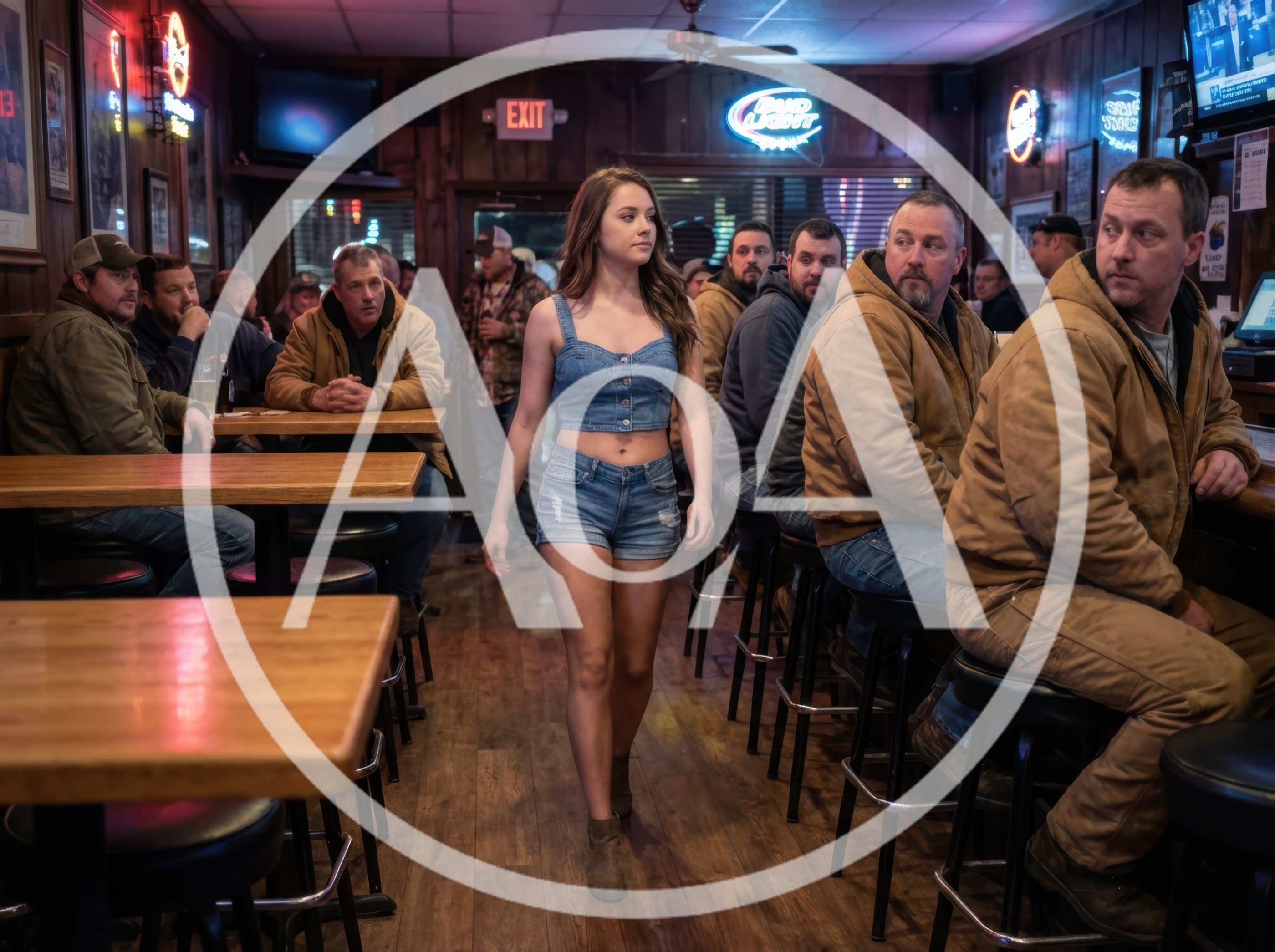 Young Woman Walking Through A Crowded Rural Bar