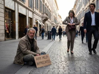 Homeless Man Sitting on Cobblestone Street with Sign