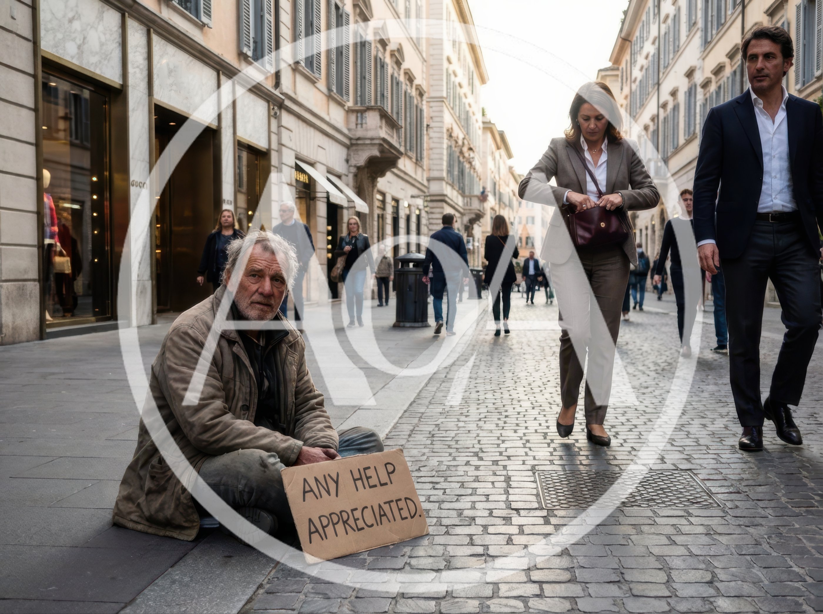 Homeless Man Sitting on Cobblestone Street with Sign