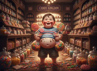 Happy Young Boy Holding Bags Of Candy In Shop