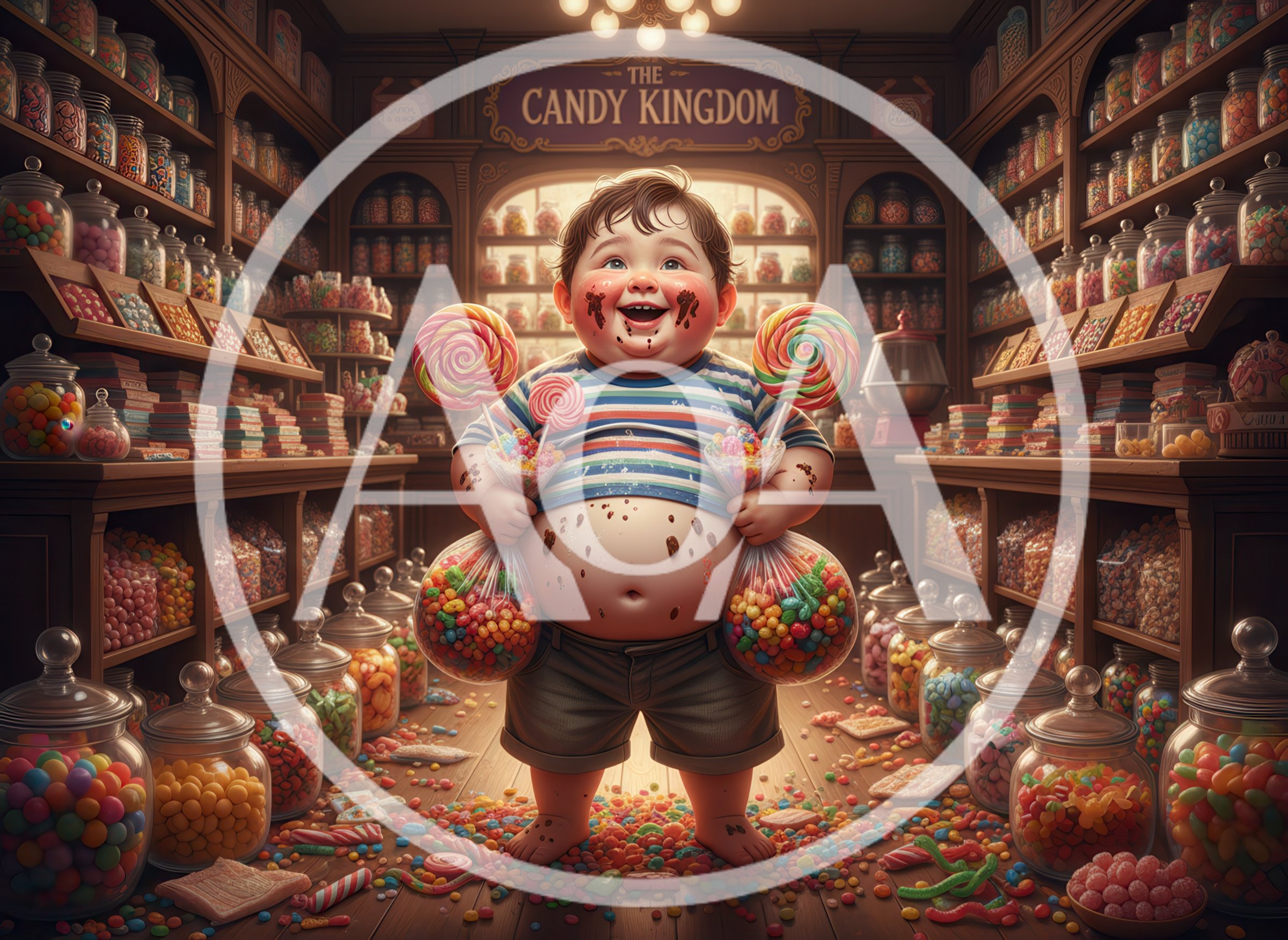 Happy Young Boy Holding Bags Of Candy In Shop