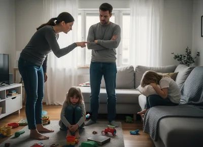 Parents Scolding Children In Living Room