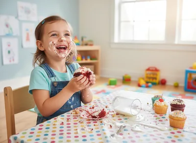 Happy Toddler Girl Eating Messy Cupcake