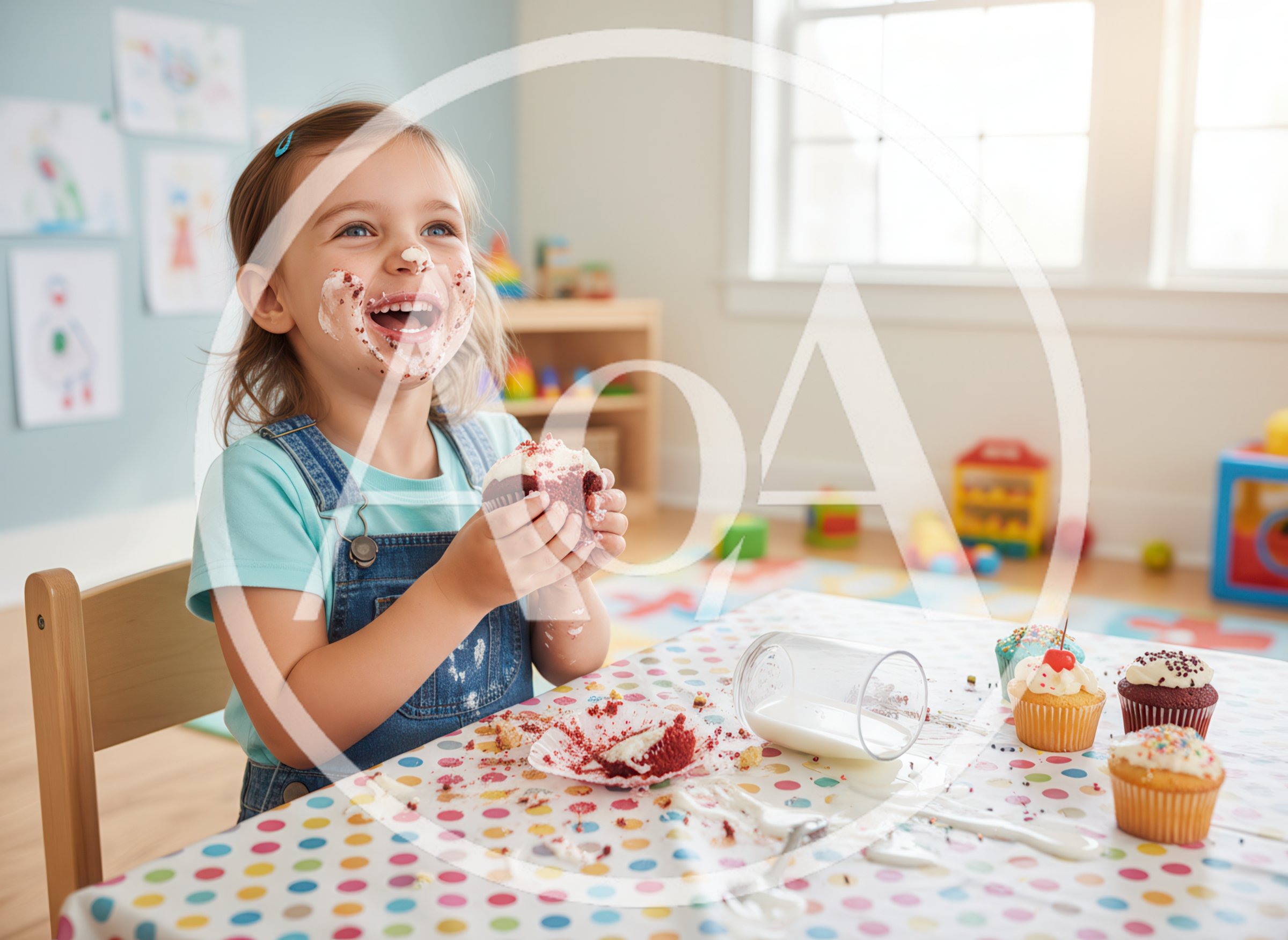 Happy Toddler Girl Eating Messy Cupcake