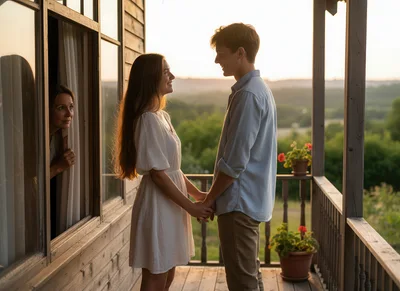 Young Couple Holding Hands on a Country Porch