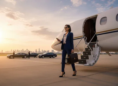 Businesswoman Walking From Private Jet On Tarmac