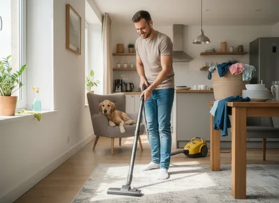 Man Vacuuming Living Room Carpet With Dog Nearby