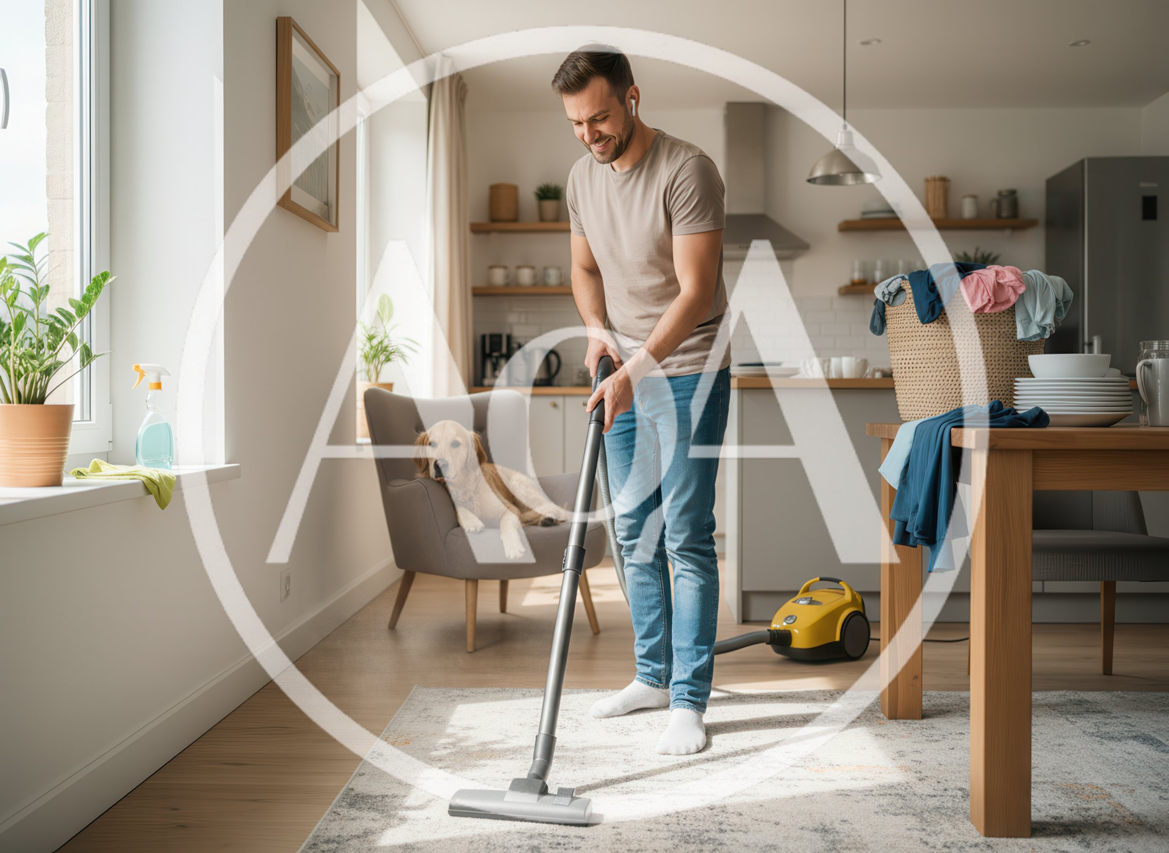 Man Vacuuming Living Room Carpet With Dog Nearby