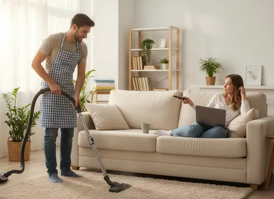 Man Vacuuming Carpet While Woman Relaxes On Sofa