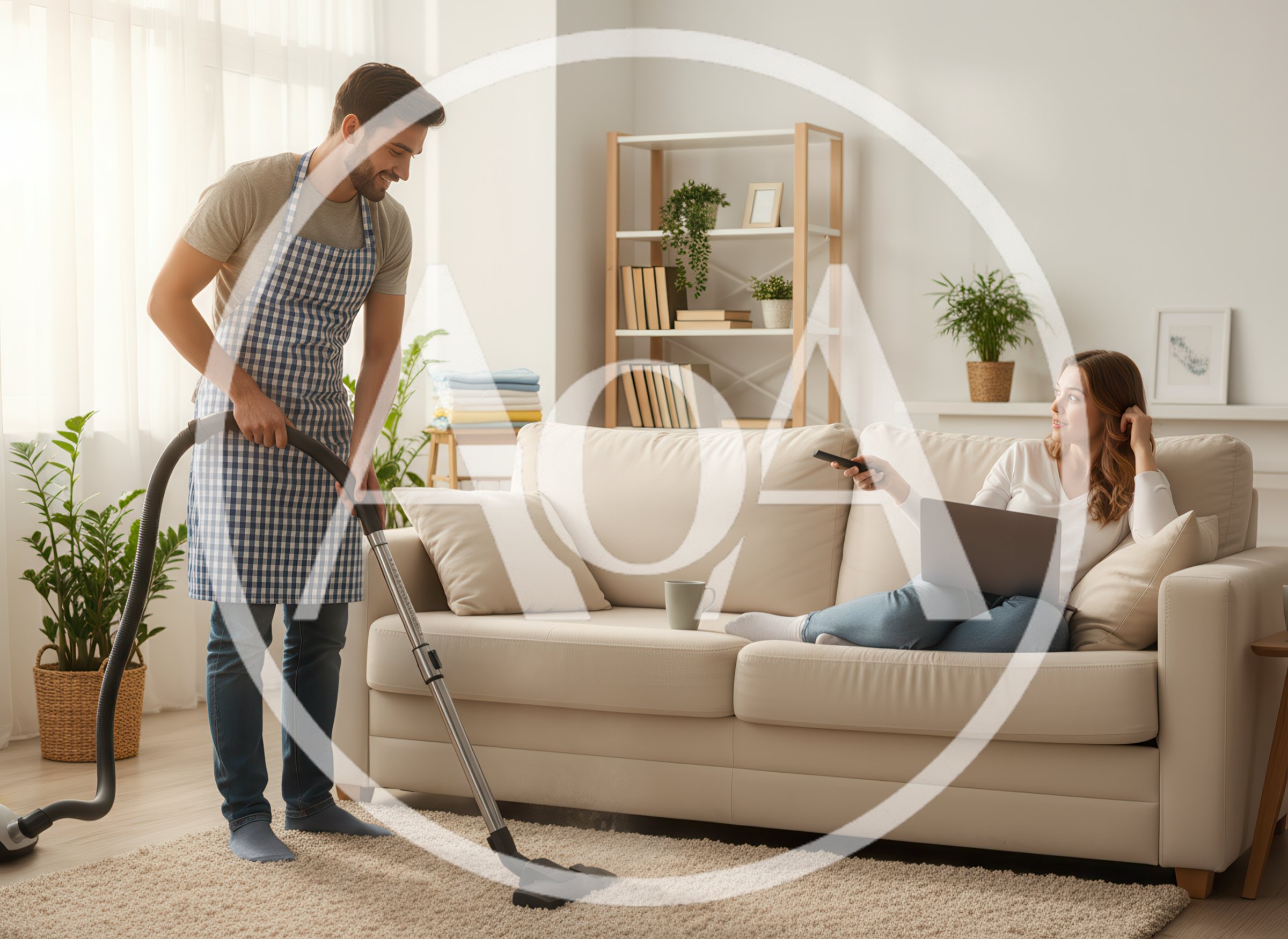 Man Vacuuming Carpet While Woman Relaxes On Sofa