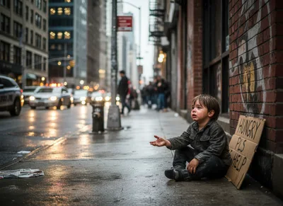 Crying Homeless Child Sitting On City Sidewalk