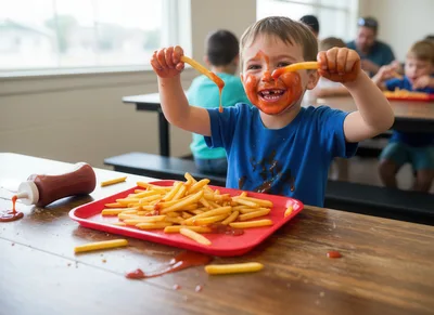 Young Boy Eating Messy French Fries With Ketchup