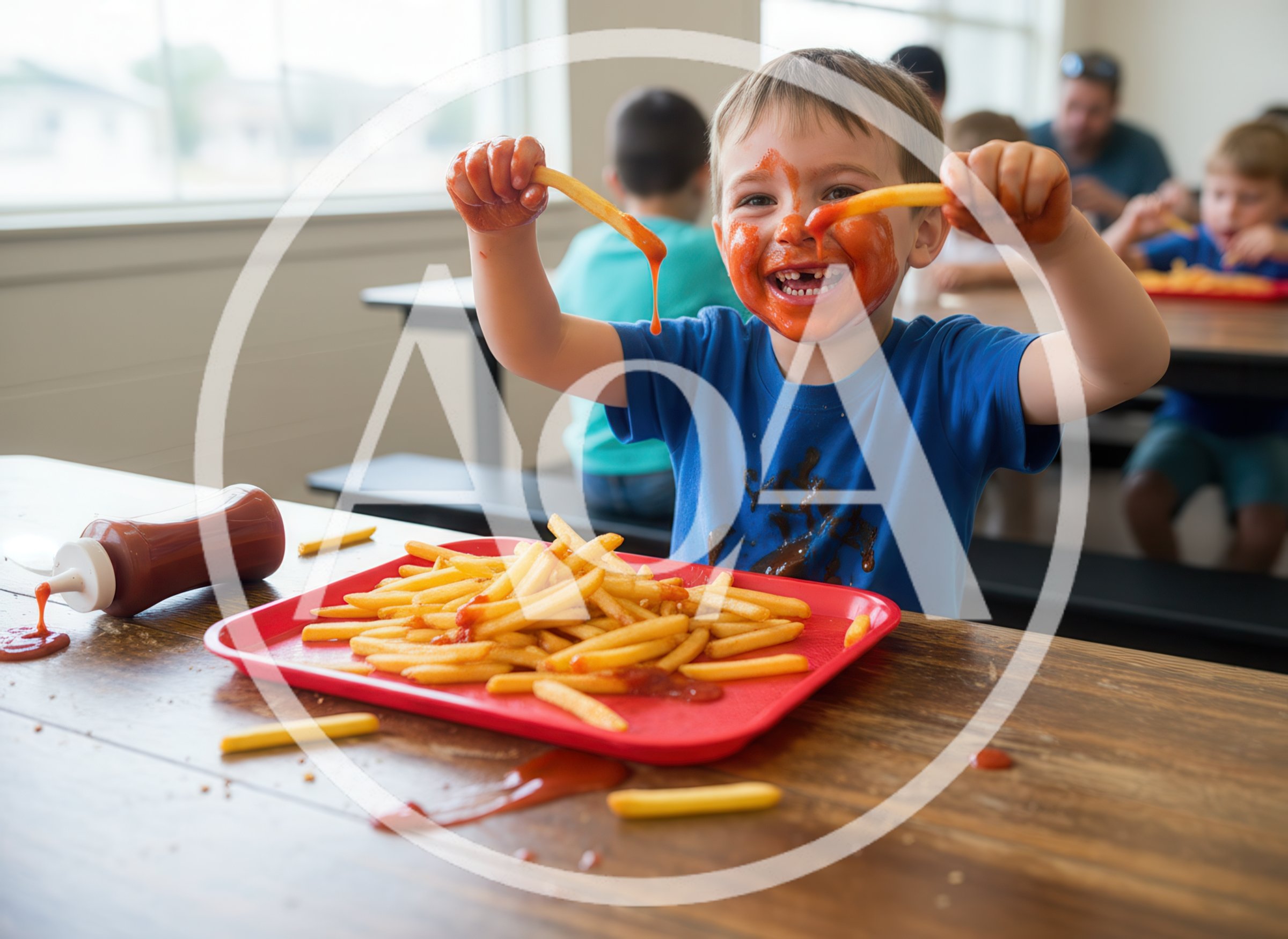 Young Boy Eating Messy French Fries With Ketchup