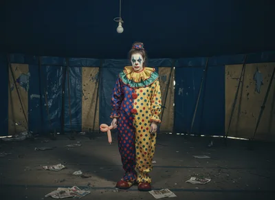 Sad Clown Standing Alone In A Dilapidated Circus Tent