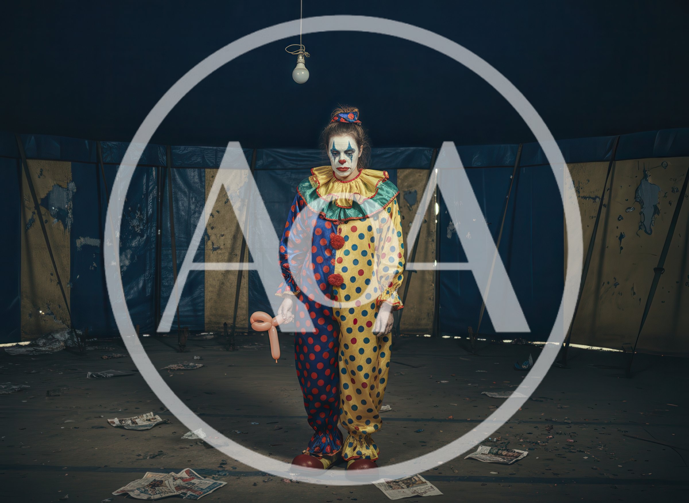 Sad Clown Standing Alone In A Dilapidated Circus Tent