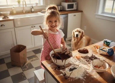 Little Girl Baking Chocolate Cake With Golden Retriever