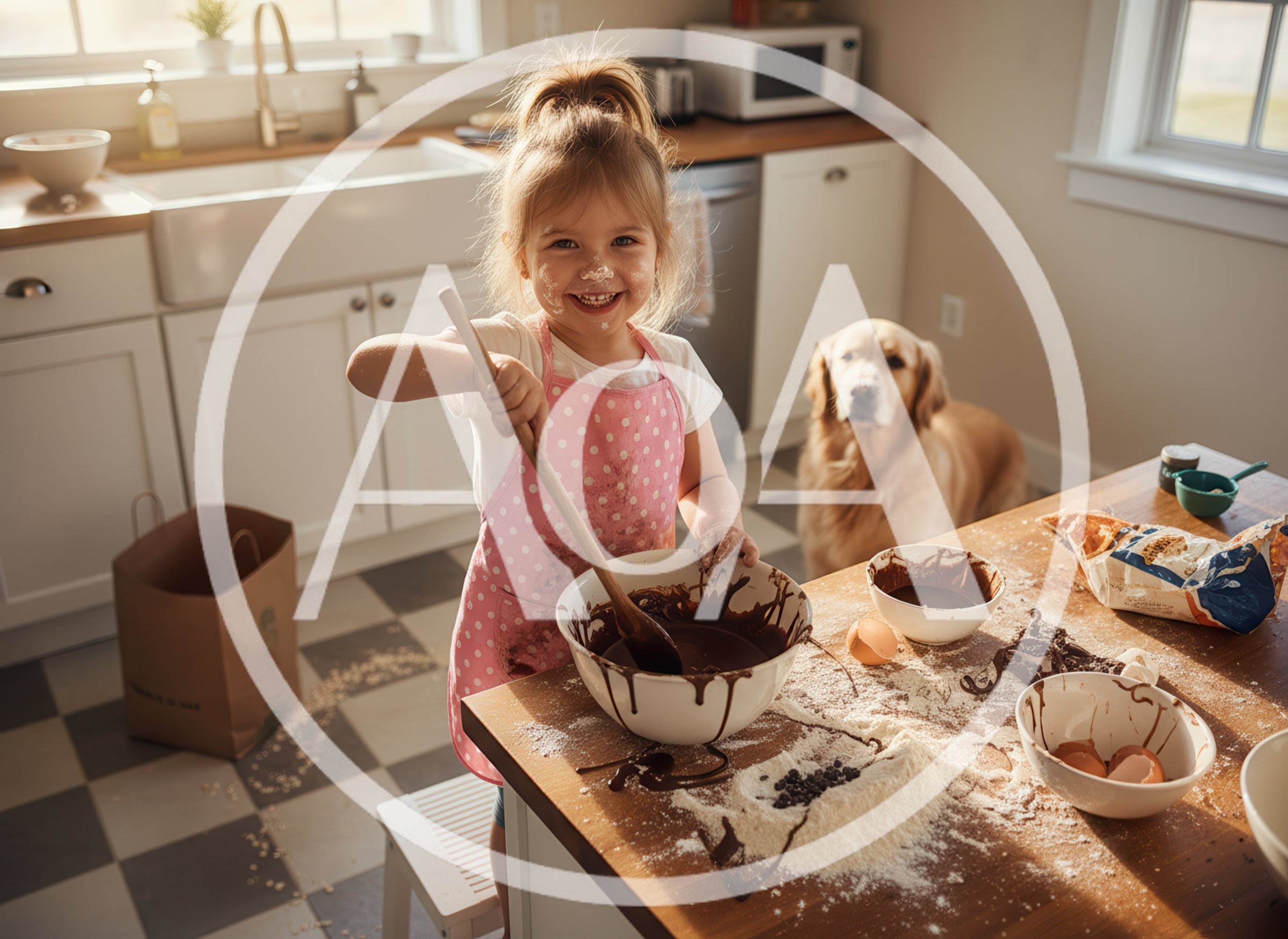Little Girl Baking Chocolate Cake With Golden Retriever