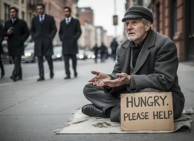 Elderly Homeless Man Begging On City Sidewalk