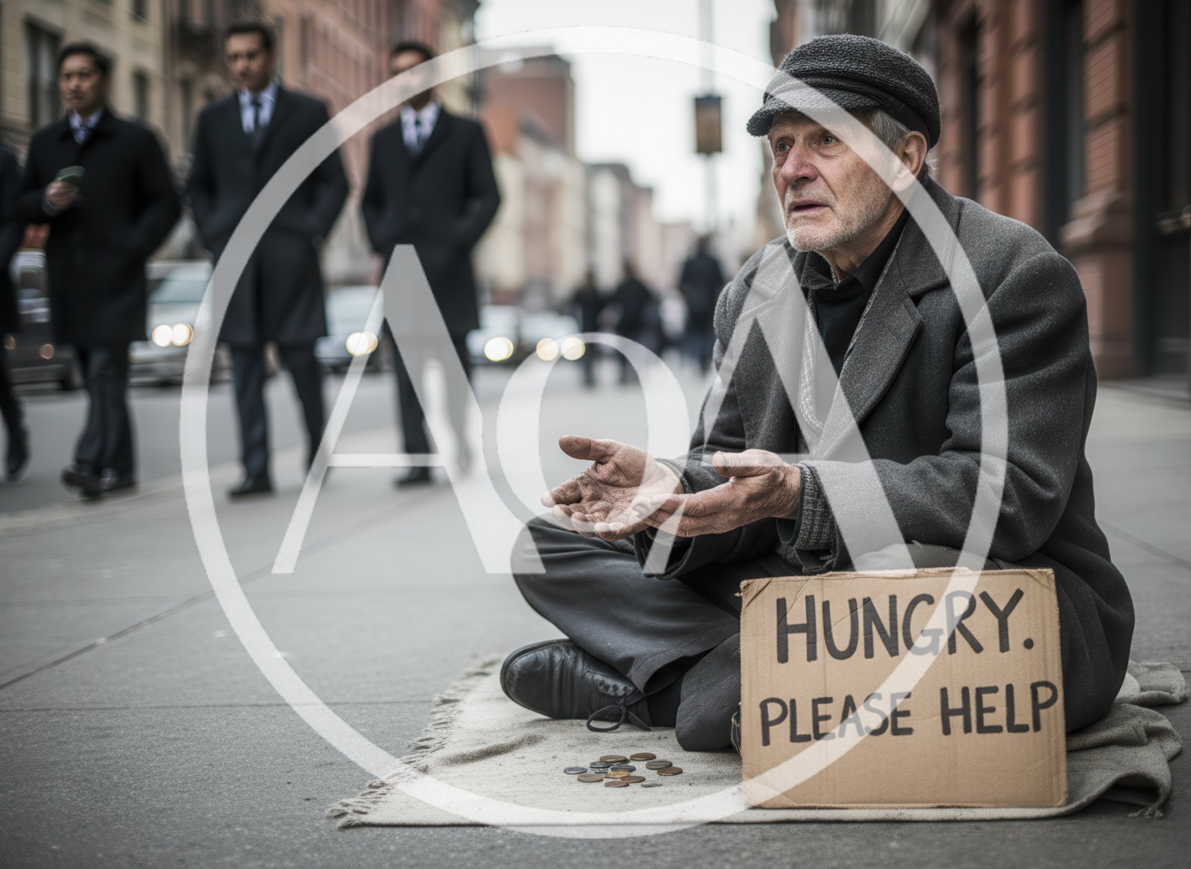 Elderly Homeless Man Begging On City Sidewalk