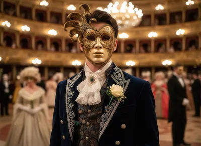 Man Wearing Ornate Venetian Mask At Masquerade Ball