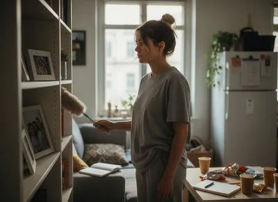 Young Woman Dusting Bookshelf in Cozy Apartment