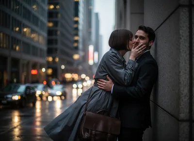 Couple Embracing and Kissing on a City Street