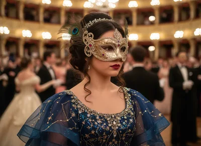 Elegant Woman Wearing Ornate Masquerade Mask At Ball