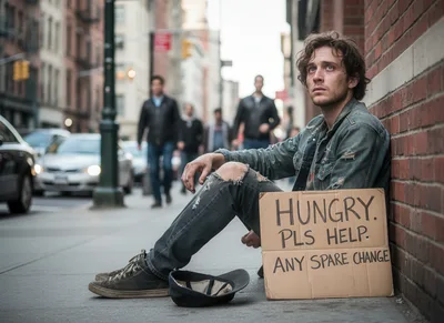 Homeless Young Man Sitting On City Sidewalk