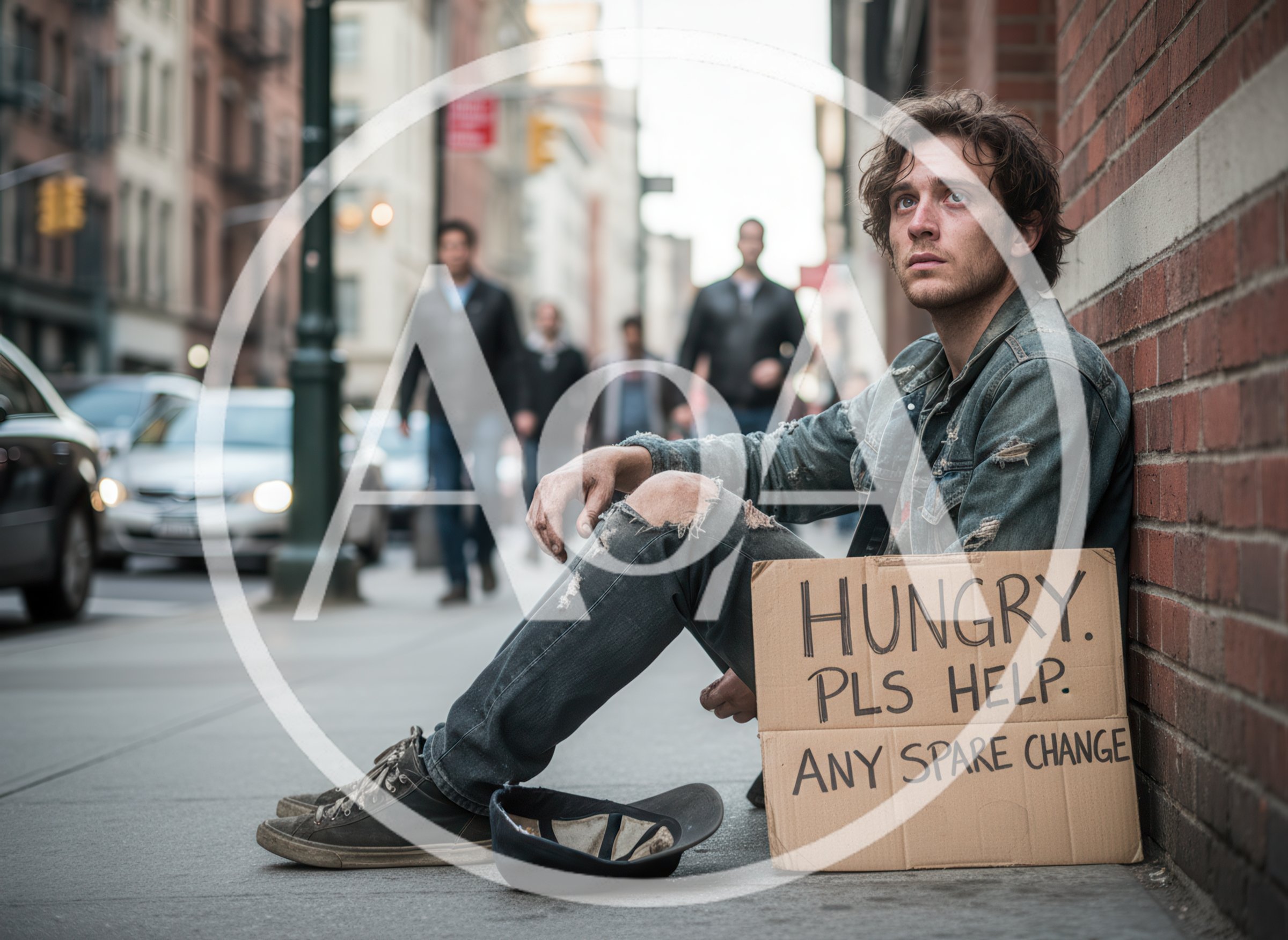 Homeless Young Man Sitting On City Sidewalk