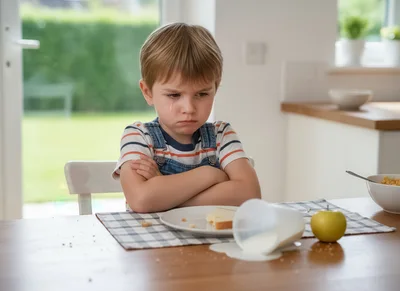 Sad Young Boy With Spilled Milk At Kitchen Table