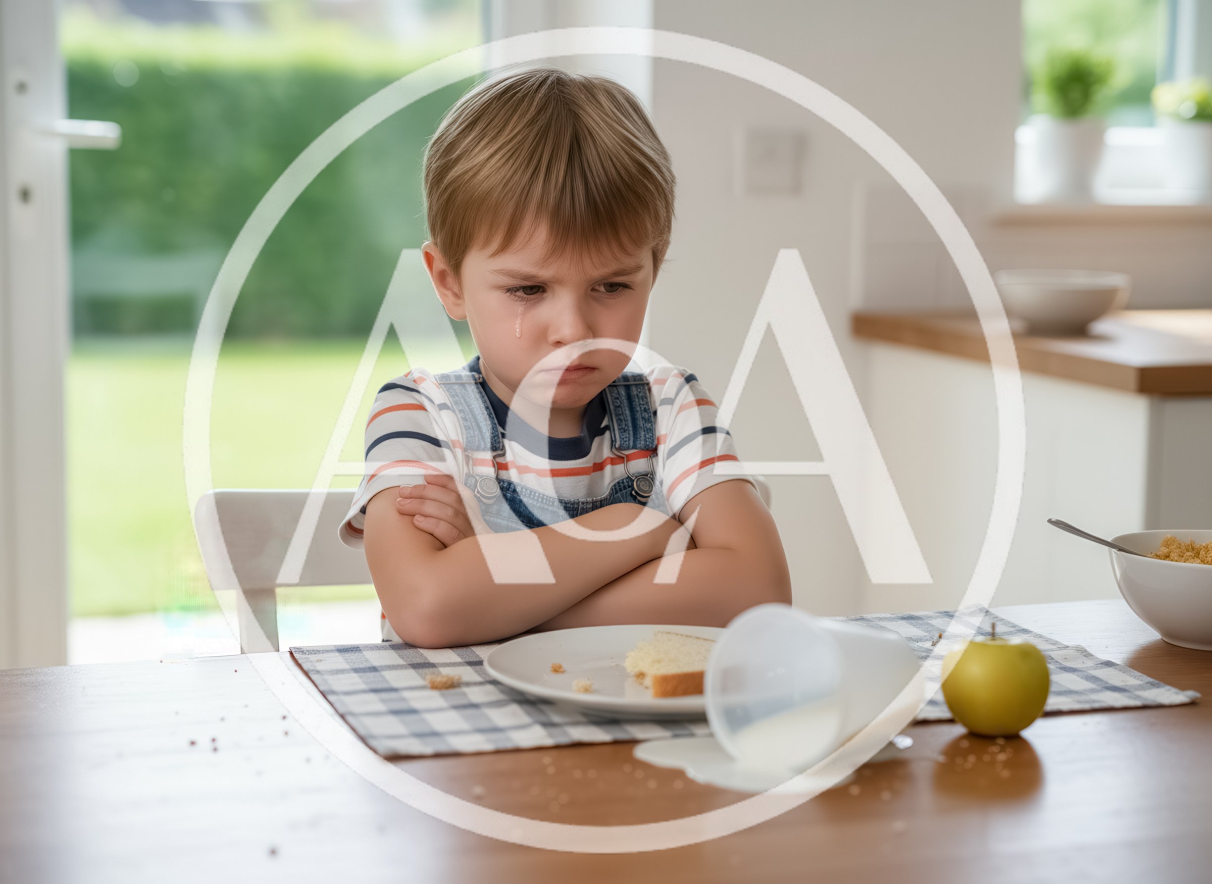 Sad Young Boy With Spilled Milk At Kitchen Table