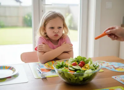 Stubborn Young Girl Refusing To Eat Healthy Salad