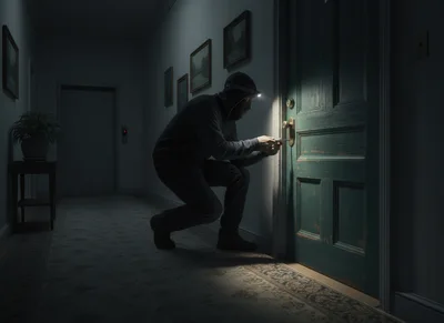 Burglar Attempting To Pick A Door Lock At Night