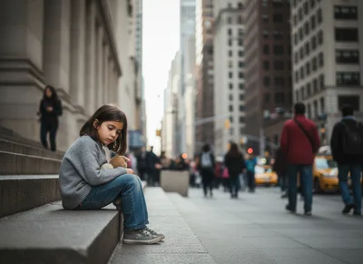 Sad Young Girl Sitting Alone on City Steps