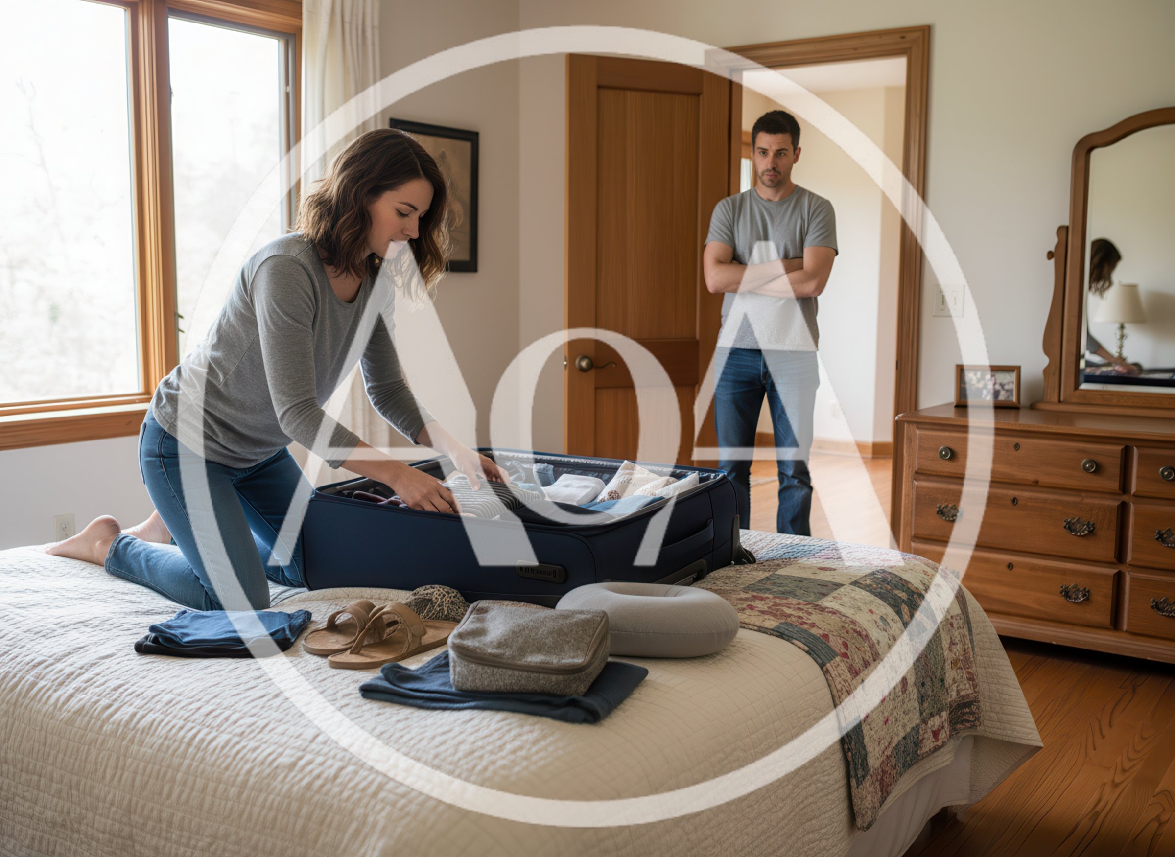 Woman Packing Suitcase While Man Watches From Doorway