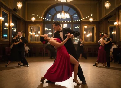 Elegant Couple Performing Tango in a Grand Ballroom